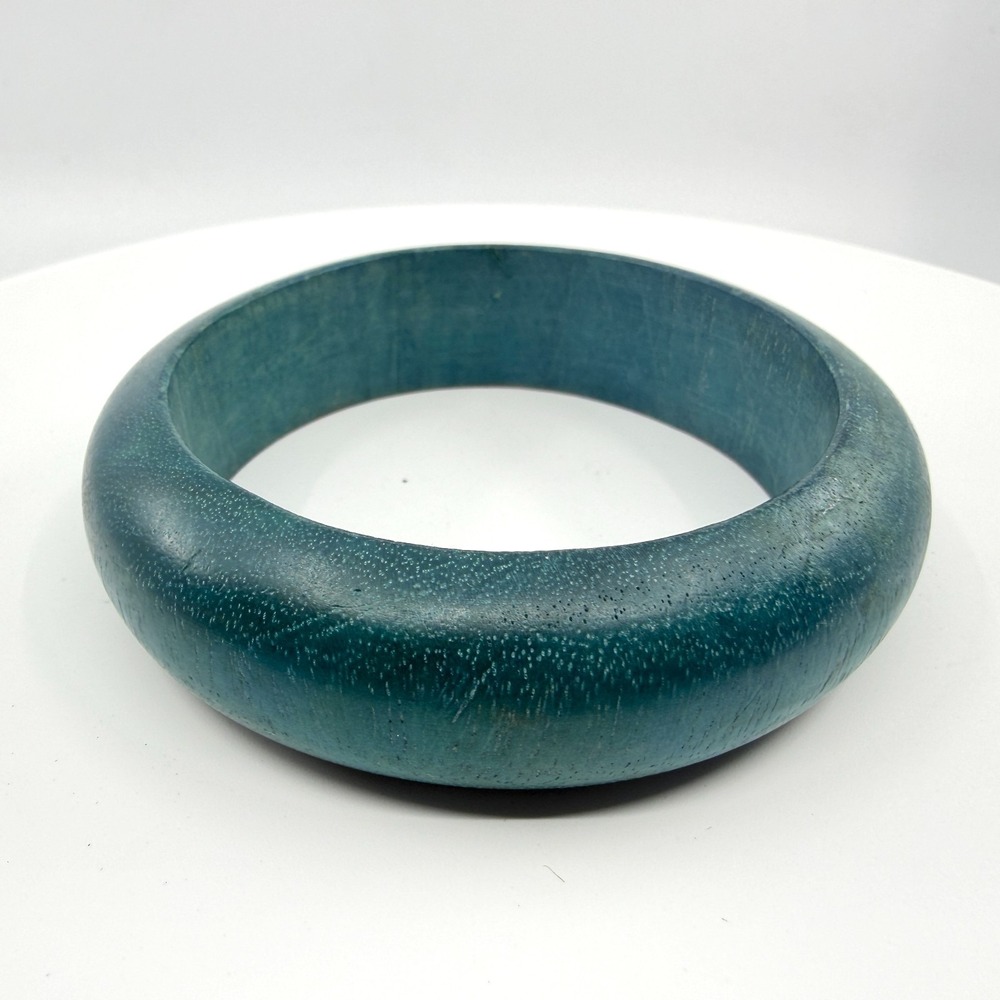 Teal Blue Chunky Wooden Bangle Bracelet - Bohemian Minimalist Jewelry